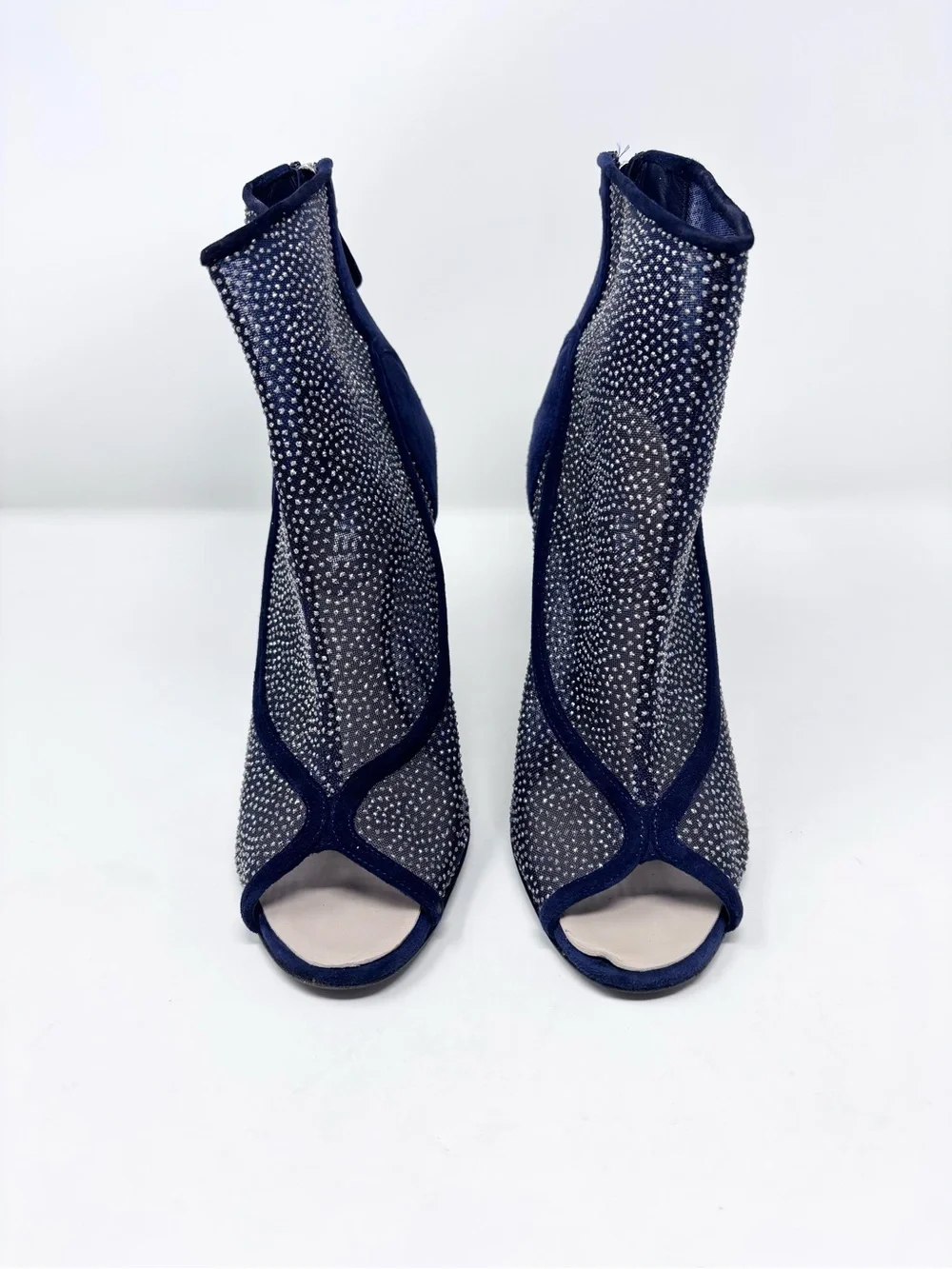Chanel S/S 2011 Navy Blue Suede Mesh Crystal Ankle Boots Lucite Heel CC Logo 40